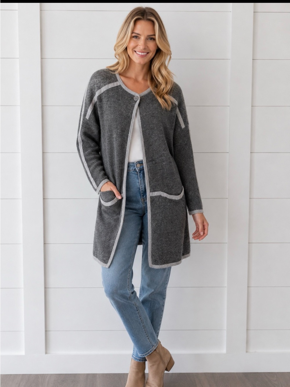Poetry 12/14 dual tone grey wool large button gorpcore classic longline jacket